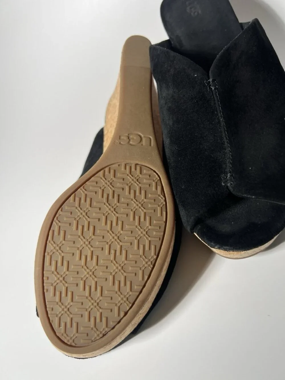 UGG Dominique Black Suede Cork Wedge Platform Slide Sandals Women’s 8.5